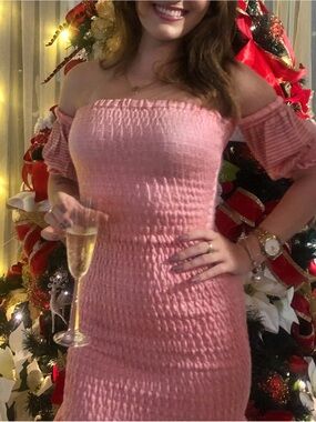 Smocked Off-Shoulder Mini Dress in Pink